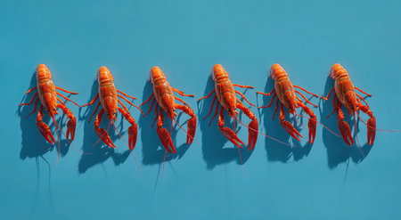 Six crayfish are arranged in a row against a solid blue background in this overhead shot. Their orange shells and claws stand out, creating a strong visual contrast. The scene features harsh shadows, indicating bright daylight. This image is suitable for various commercial uses, including food-related projects and artistic compositions.の素材
