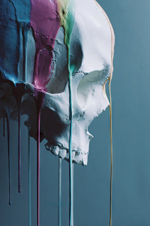 An artistic image presents a skull adorned with vibrant, dripping paint. The skull, rendered in white, contrasts with the streaks of colorful pigments. The composition, bathed in soft lighting, sets the subject against a cool blue background. This visually striking image is suitable for various creative and conceptual applications.の素材