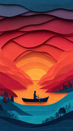 An illustration depicts a person rowing a boat across water with a layered mountain backdrop. The vibrant palette features shades of red, orange, and blue. The style suggests a paper-cut technique, and the composition evokes a sense of serenity. Suitable for artistic prints, commercial designs, and editorial applications.の素材