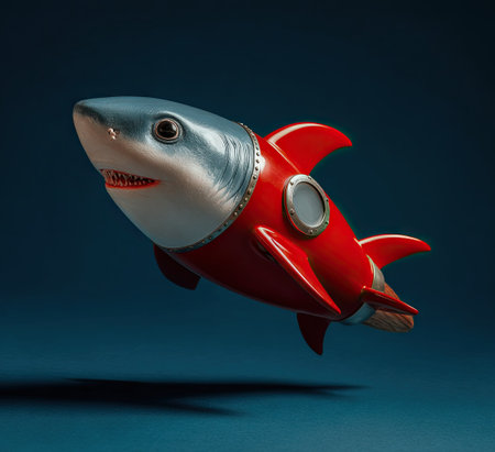 A whimsical shark-shaped rocket, primarily red, soars against a dark blue background. The metallic silver head and porthole add contrast, while the composition uses overhead lighting. This stylized image may be suitable for advertising, educational materials, or creative projects, offering a sense of fun and adventure.の素材
