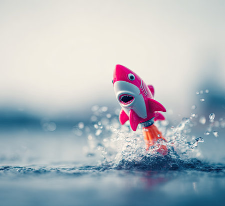 A vibrant toy shark rocket bursts through water, creating a splash. The image showcases a bright red shark with white details, set against a blurred background. The composition features a shallow focus, emphasizing the action and dynamic movement. This image is suitable for various commercial uses, including advertising and editorial content.の素材