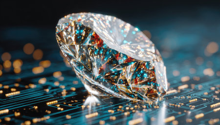 A close-up captures a large, multifaceted diamond resting on a blue circuit board. The gemstone reflects various colors, while the board's lines and components create a futuristic backdrop. This image suggests concepts of technology, data, and value, suitable for illustrating digital or financial themes.の素材