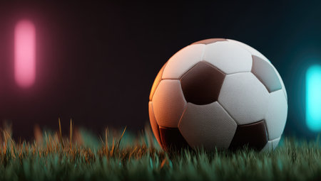 A soccer ball rests on vibrant green grass, its black and white panels contrasting with the bright foliage. The composition features a blurred, abstract background with streaks of red, and blue lights, creating depth and a modern aesthetic. This image is suitable for sports-related marketing or editorial purposes.の素材
