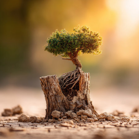 An image showcases a small tree thriving on a tree stump, with roots exposed. The scene is bathed in warm sunlight, creating a soft focus and bokeh effect. The colors are earthy and natural, suggesting an outdoor environment. This visual is suitable for various commercial purposes, including environmental and nature content.の素材