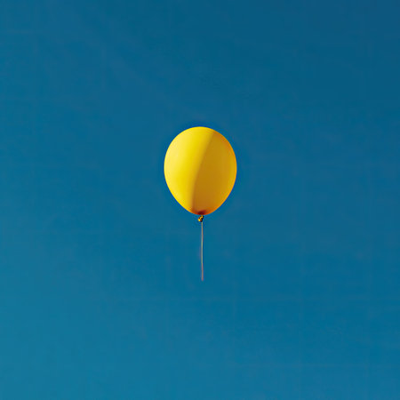 A bright yellow balloon floats against a clear, deep blue sky. The composition features a minimalist aesthetic with a focus on simplicity. The image showcases the balloon's rounded form and the contrasting colors, suggesting a sense of freedom or celebration. Suitable for various design projects and editorial uses.の素材
