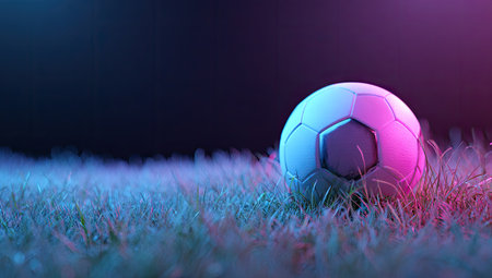 A soccer ball rests on vibrant green grass, illuminated by a combination of blue and purple neon lights. The composition features a shallow depth of field, with the ball in sharp focus. This digitally created illustration may be suitable for sports related websites, advertisements, or editorial content.の素材