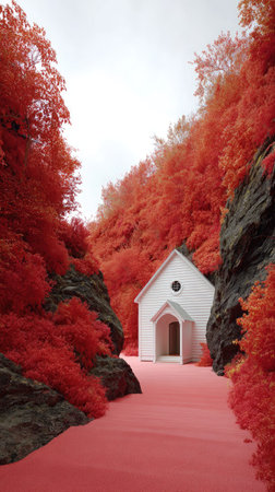 A small white structure sits centered within a vividly colored landscape. The surrounding foliage and path are rendered in bright red. The composition suggests an outdoor environment. This image could be used for various commercial or editorial purposes, showcasing a visually striking scene.の素材