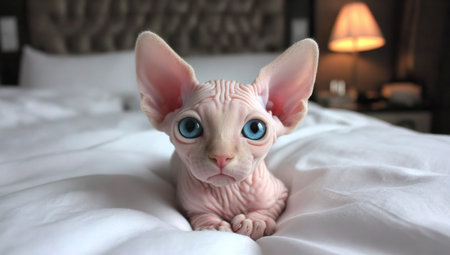 A Sphynx cat, distinguished by its lack of fur and prominent ears, is centered on a white bed. The cat's skin is a pale pink, contrasted by bright blue eyes. The composition employs soft lighting, possibly indoors, with a lamp visible in the background, suggesting a domestic setting suitable for various editorial and commercial applications.の素材