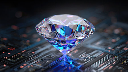 A close-up view presents a radiant diamond, the focal point, resting on a detailed electronic circuit board. The gemstone is vividly illuminated, showcasing brilliant facets and internal light play. The background features blurred circuit components, suggesting a high-tech environment suitable for advertising or design.の素材