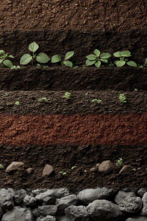 A detailed cross-section reveals layers of earth with various textures and colors, including rich browns, reds, and grays. Small green plants sprout from the top layer. The vertical composition suggests a study of geology and natural processes, possibly suitable for educational or environmental content.の素材