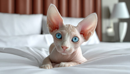 A close-up view presents a Sphynx cat with large ears and vibrant blue eyes, resting on a white bed. The cat's skin is pale, creating a contrast against the white linens. The lighting suggests an indoor setting with soft illumination, suitable for various editorial and commercial projects.の素材