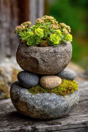 A stone planter featuring a stacked design showcases vibrant green succulents. The image highlights the natural textures of the rocks and foliage, with a shallow depth of field. The outdoor setting suggests a daytime shot with soft lighting, suitable for various editorial and commercial applications.の素材