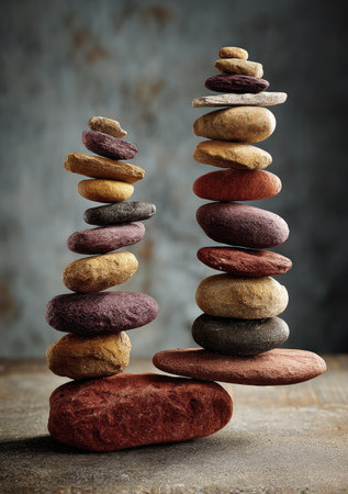Two stacks of stones are arranged on a wooden surface, showcasing balance and harmony. The stones display a range of earth tones and textures. The composition utilizes a shallow depth of field, with soft lighting enhancing the natural appearance. Suitable for illustrating concepts like meditation or wellness, or for various commercial projects.の素材