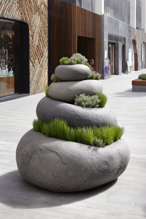 A stone sculpture of stacked, rounded grey rocks is the focal point. Green plants grow from the spaces between the stones, adding contrast. The scene is brightly lit with natural light, suggesting an outdoor setting in a modern architectural context. Suitable for commercial or decorative purposes.の素材
