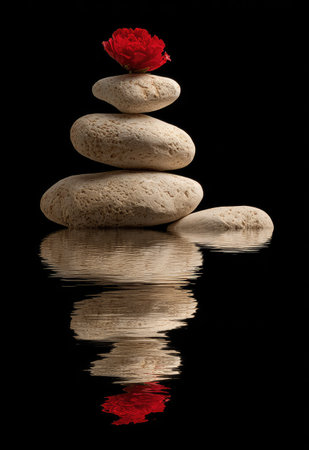 A balanced arrangement presents stacked, smooth stones topped with a vibrant red rose. The composition utilizes soft lighting and is set against a dark background, with a reflective surface adding depth. This serene image could be suitable for wellness, spa, or meditation-themed projects, and other commercial applications.の素材
