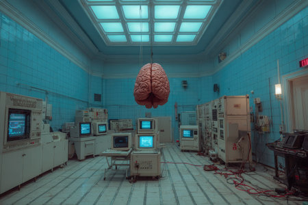 An illustration depicts a large brain suspended in a room filled with vintage equipment and monitors. The teal walls and the white ceiling with a grid pattern create a distinct visual environment. The image uses a cool color palette with soft lighting and suggests a setting that could be associated with research, science, or technology. This could be useful for educational materials or design concepts.の素材