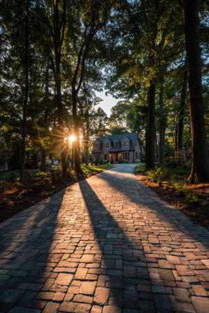 A brick pathway extends towards a house nestled among tall trees, illuminated by sunlight. The scene showcases vertical composition, with the trees and pathway drawing the eye. Natural light highlights textures and creates shadows, suggesting an outdoor environment. Suitable for editorial and commercial use.の素材