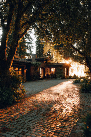 A brick pathway winds towards a house, bathed in warm sunlight filtering through the trees. The scene features natural light, casting long shadows and highlights on the textured path. It evokes a sense of tranquility and could be used for articles or advertising related to home, travel, and landscape design.の素材