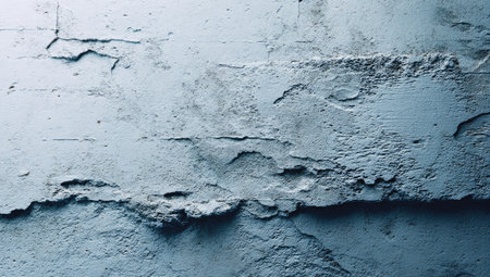 A close-up view presents a textured blue wall displaying cracks and imperfections. The rough surface showcases a monochromatic color palette with variations in tone and shadows, creating depth. This visual could be used as a background or texture element in various design projects for commercial purposes.の素材
