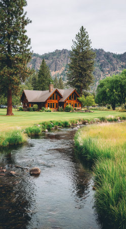 A tranquil scene features a wooden cabin beside a flowing river. Lush green grass and tall trees surround the structure. The composition utilizes natural lighting, emphasizing the textures of wood, water, and foliage. This image could be suitable for illustrating themes such as nature, travel, or real estate.の素材