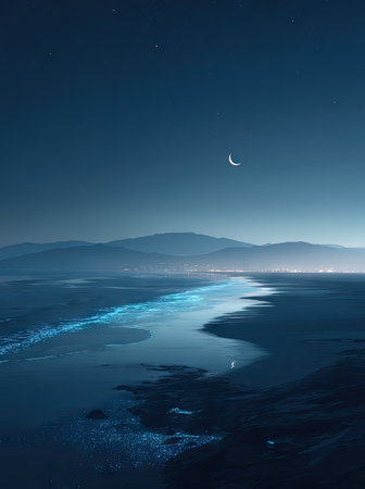 An ethereal night landscape features a glowing river winding through mountains beneath a crescent moon. The scene is dominated by cool blues and muted tones, with soft, ambient lighting enhancing the atmospheric perspective. This image is suitable for various commercial applications, including editorial and artistic projects.の素材