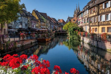 A vibrant image presents a picturesque canal scene. The composition features colorful buildings with unique architecture reflected in the calm water. Red flowers adorn the foreground. The day's sunlight bathes the scene, offering possibilities for travel, tourism, and editorial content.の素材