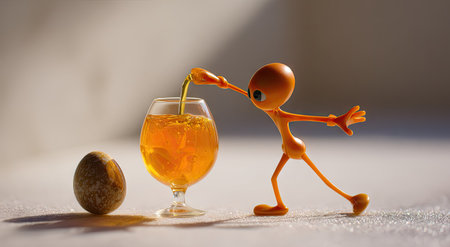An orange, stylized figure pours liquid into a wine glass. Next to the glass is an egg. The scene is set on a white surface, with soft lighting and shadows. The composition suggests a sense of playfulness and simplicity, potentially suitable for advertising or design projects.の素材