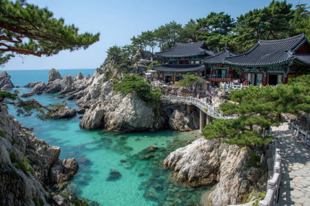 A scenic view shows traditional architecture set along a coastline. The buildings feature dark tiled roofs and are surrounded by lush greenery and rocky formations. The clear turquoise water contrasts with the natural elements. This image could be used for travel, tourism, or cultural-themed projects.の素材