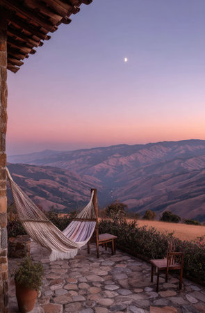 An outdoor scene showcases a hammock on a patio overlooking distant rolling hills. The color palette features dusky pinks and purples in the sky, contrasted by natural stone and earthy tones. The setting suggests a serene environment, suitable for editorial and commercial applications. The composition is well-balanced, emphasizing the landscape and leisure.の素材