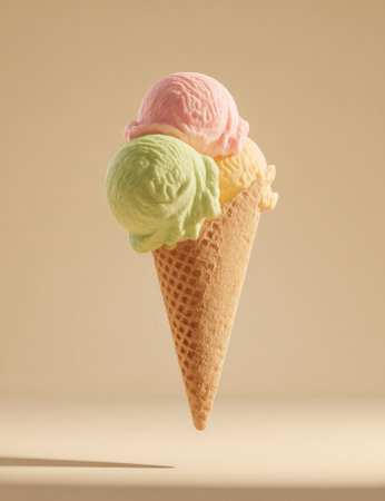 A close-up view presents an ice cream cone with three colorful scoops against a simple backdrop. The ice cream features pastel shades of pink, green, and yellow atop a textured cone. The lighting is soft, and the composition is simple. Ideal for food-related projects, product promotion, and graphic design purposes.の素材
