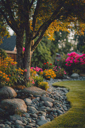 A picturesque outdoor scene showcases a vibrant garden with a variety of colorful flowers and lush green foliage. Sunlight illuminates the composition. This image could be suitable for use in various commercial applications, including editorial projects and website illustrations. The setting is a garden with various plants.の素材