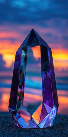 A faceted transparent crystal prism stands against a dramatic sky with vibrant colors. The object displays a variety of light reflections and refractions. This image may be suitable for illustrating concepts of spirituality or natural science. Ideal for use in promotional materials or artistic projects.の素材