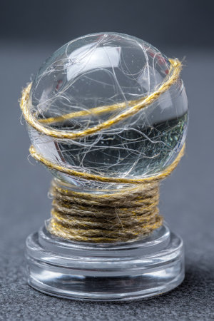 A clear, spherical object is wrapped with golden twine, resting on a transparent pedestal. The image showcases intricate details and textures. The composition utilizes focused studio lighting against a blurred backdrop. This visual is suitable for illustrative content, concepts, and design projects.の素材