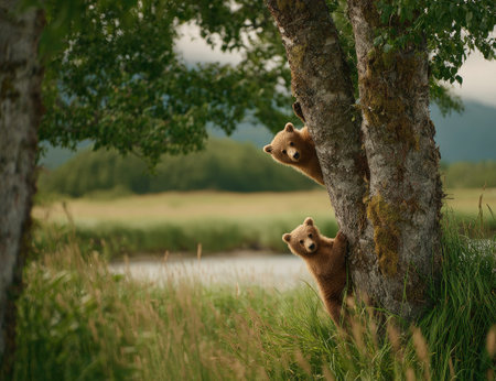 Two brown bears are partially visible behind the trunk of a tree. The image displays a natural outdoor setting, with green foliage, grass, and a body of water in the background. The scene showcases soft lighting, and natural colors. This image could be used for various commercial and editorial purposes.の素材