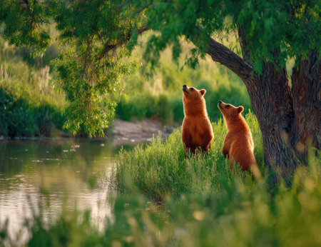 Two bears stand on a grassy riverbank, bathed in sunlight. The image showcases the animals' brown fur and the surrounding green foliage. The scene features a natural environment with a river and a large tree, suggesting a daytime setting. Suitable for various commercial and editorial applications.の素材
