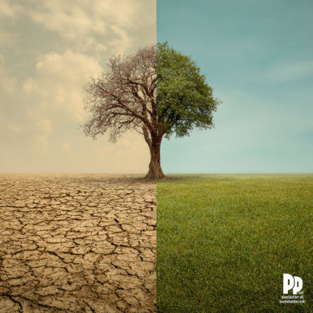 A split composition displays a tree with half barren branches and the other half vibrant green. The left side showcases cracked, dry earth and a pale sky, while the right features lush green grass and a clear blue sky. This visual metaphor is suitable for environmental campaigns and design projects.の素材