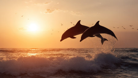 Two dolphins leap from ocean waves, silhouetted against a radiant sunset. The image features warm tones of orange and yellow, with dark silhouettes against the bright sky. The composition suggests an open water environment, possibly suitable for nature, travel, or marine-related visual content.の素材
