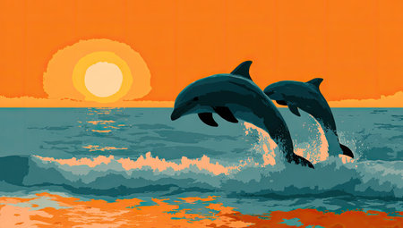 Two dolphins leap from ocean waves, silhouetted against a vibrant orange and yellow sunset. The image uses a stylized, graphic illustration with bold colors and a clear composition. The scene suggests a coastal environment at dusk. Ideal for various commercial applications, including editorial and design projects.の素材