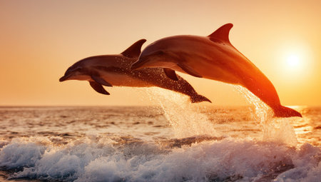 Two dolphins are shown leaping out of ocean water, illuminated by warm sunlight. The image features a vibrant color palette, with orange and yellow hues dominating the sky and water. The composition highlights the dolphins' movement, suitable for wildlife, travel, or nature-related content.の素材