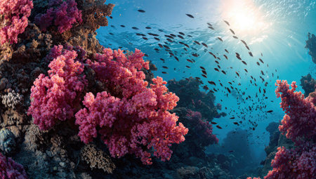 An underwater scene features vibrant pink coral formations and a school of small fish swimming. The image showcases the textures and colors of the coral against the blue of the water with sunlight. It could be used for ecological studies, educational material, or for decorative purposes.の素材