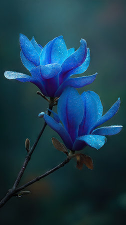 Two striking blue magnolia blossoms are captured against a dark, blurred backdrop. The flowers exhibit intricate petal detail and are highlighted with moisture droplets, suggesting a recent rainfall. The composition uses a shallow depth of field, emphasizing the flowers. This image is suitable for various commercial uses, including artistic or botanical content.の素材