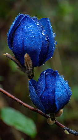 Two closed blue magnolia flowers are seen in close-up against a blurred green backdrop. Water droplets cling to the petals, highlighting their texture. The composition uses natural light. It could be useful in design projects, advertising campaigns, or as visual elements for editorial content.の素材