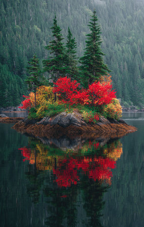 An island covered in trees and colorful autumn foliage is reflected in the still water. The scene shows a natural landscape with shades of green, red, and yellow. The style is detailed with a focus on natural light, and the overall composition suggests a tranquil outdoor setting suitable for various commercial uses.の素材