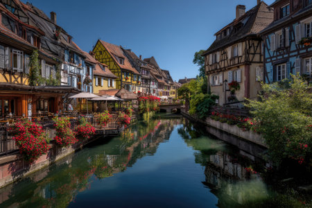 A tranquil scene presents colorful buildings lining a reflective canal. Various architectural styles and vibrant floral arrangements add to the visual appeal. The composition uses natural light and features both color and reflection. Suitable for various editorial and commercial uses, this image showcases a scenic outdoor setting.の素材