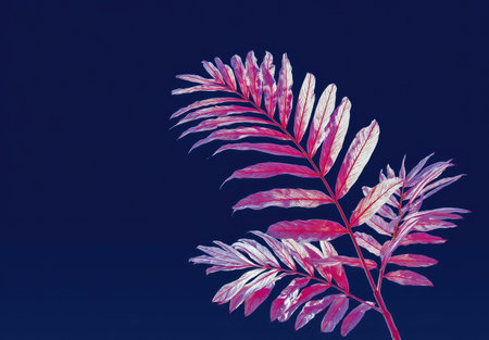 A close-up captures vibrant pink palm leaves against a deep blue background. The composition features intricate details and textures, illuminated by soft lighting. This stylized image may be suitable for diverse applications, including digital art, graphic design elements, and decorative prints for various commercial and editorial purposes.の素材
