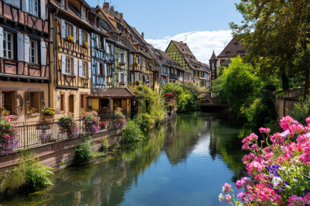 A tranquil scene features a waterway flanked by historic buildings with vibrant facades. The composition showcases a peaceful river reflecting the colorful architecture and lush greenery. Pink flowers frame the foreground, suggesting a sunny day, suitable for various editorial and commercial applications.の素材