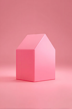 A pink house model is centered against a matching pink backdrop. The image features a smooth, matte texture with soft lighting, creating a studio setting. This minimalist composition offers ample copy space and is suitable for various commercial uses, including advertising and design projects, and abstract concepts.の素材