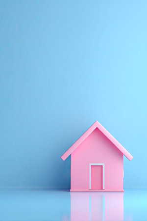 A miniature pink house stands against a solid light blue background, creating a minimalist composition. The house features a simple, geometric design. The scene is illuminated by soft, diffused light, highlighting the smooth texture and colors. It is well-suited for use in marketing materials, illustrations, or conceptual designs.の素材