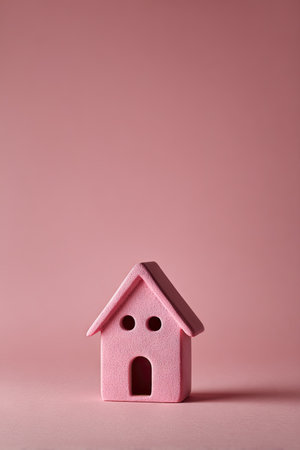 A pink miniature house stands isolated against a soft, monochromatic background, creating a minimalist composition. The toy house features a pitched roof and a simple facade, conveying a sense of simplicity. The image showcases soft lighting and a clean aesthetic suitable for commercial and editorial applications, emphasizing real estate and housing concepts.の素材