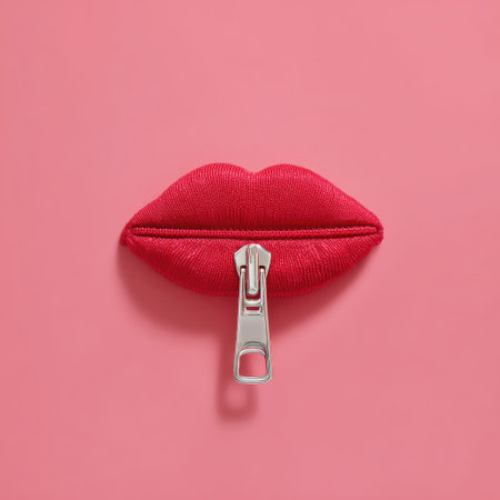 The image features a pair of red lips with a silver zipper closing them shut, set against a solid pink background. The style is clean and minimalistic with a focus on color and form. This conceptual art could be used to illustrate themes of secrecy, censorship, or privacy. It may serve various commercial or editorial purposes.の素材